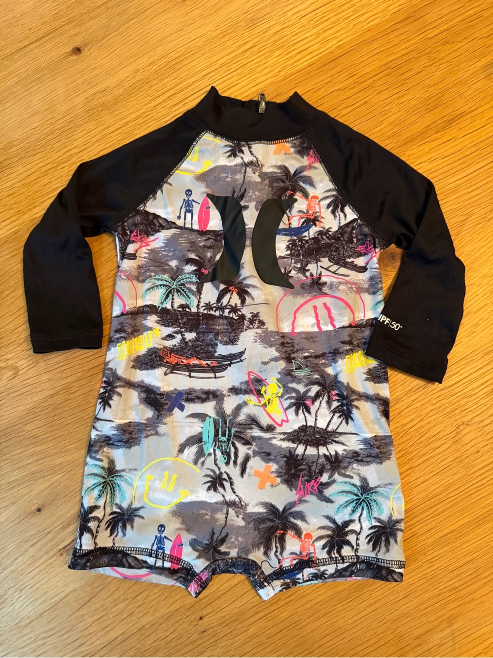 Hurley Black & Multicolor Surf Print Rash Guard Swimsuit
